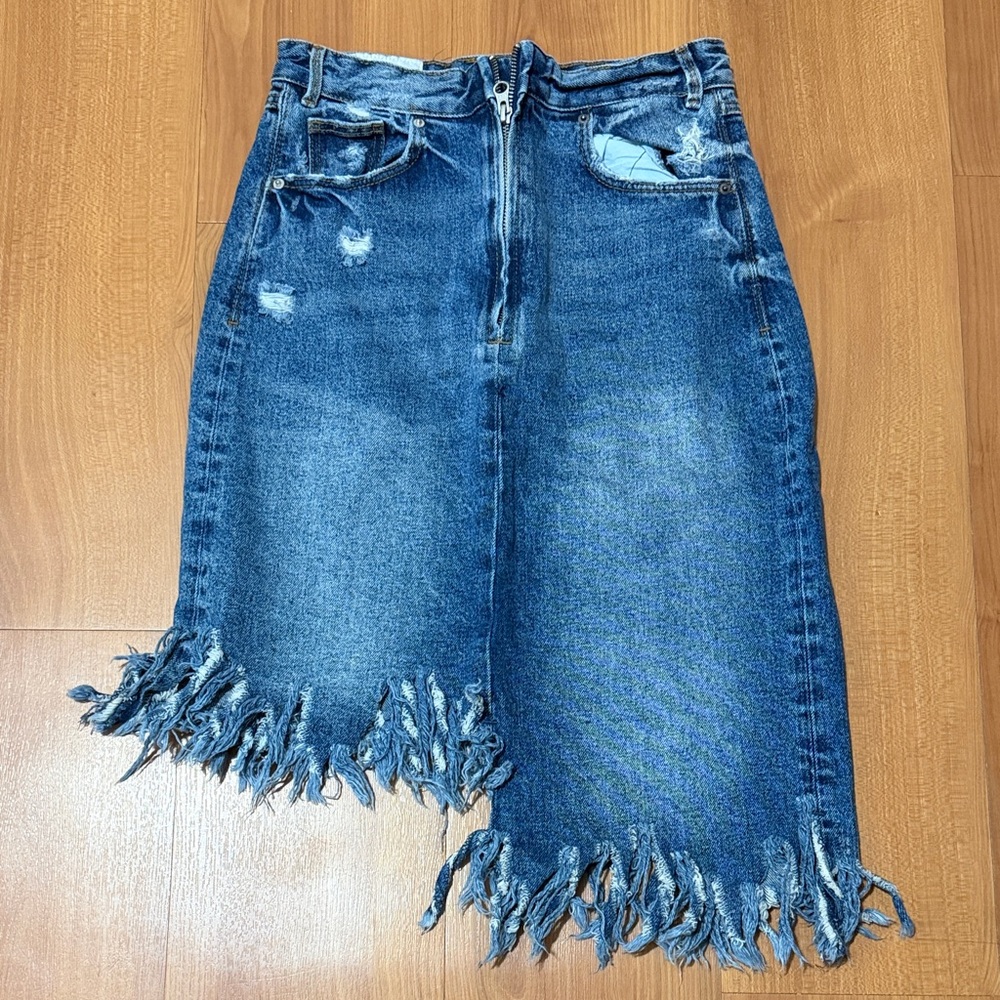 Zara Distressed Denim Skirt - Blue